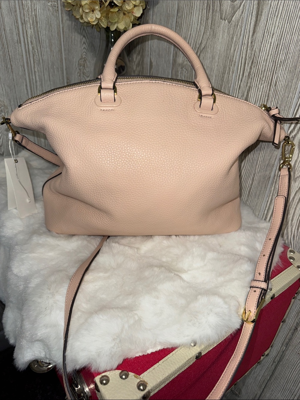 Tory Burch Thea Medium Pale Pink Pebbled Leather Satchel - Picture 7 of 13